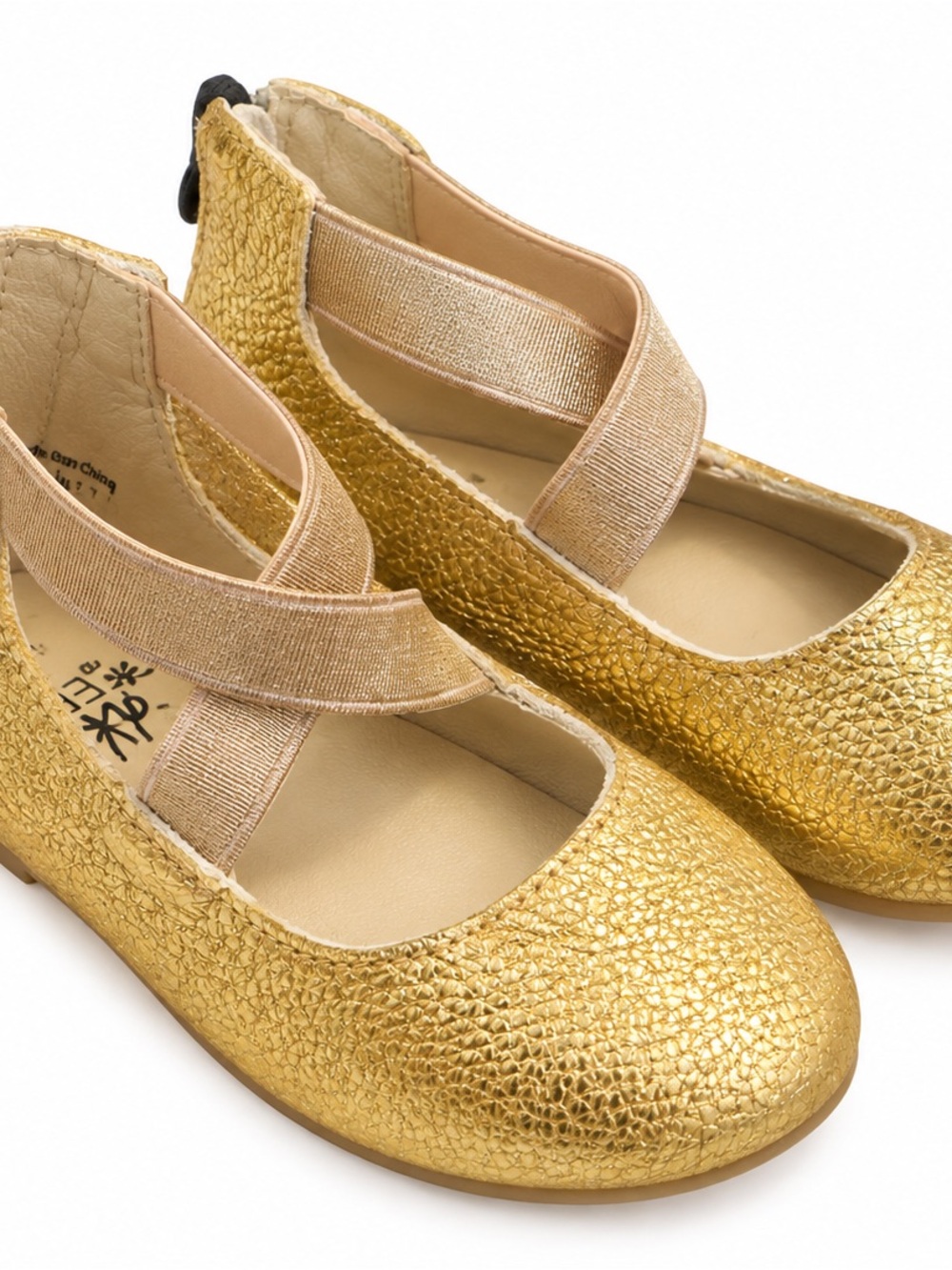 Monkey Feet Girls Metallic Gold Mary Jane Flats with Elastic Crossover Strap